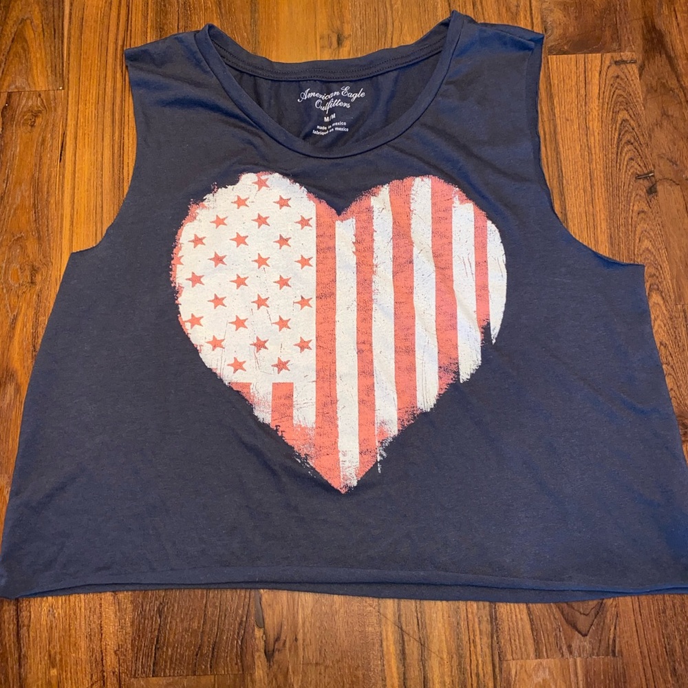 Grey with Heart Shaped American Flag Print American Eagle Crop Top Size Medium.